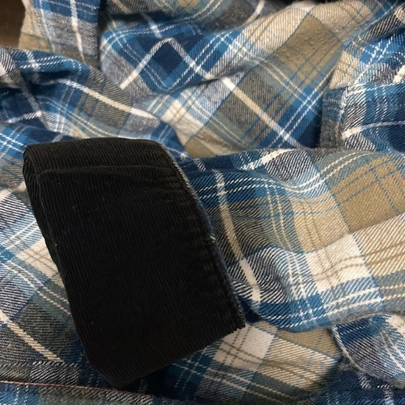 QUIKSILVER Mens Plaid Flannel Button Up Shirt Blue Tan Long Sleeve Logo Skate S - Picture 7 of 16